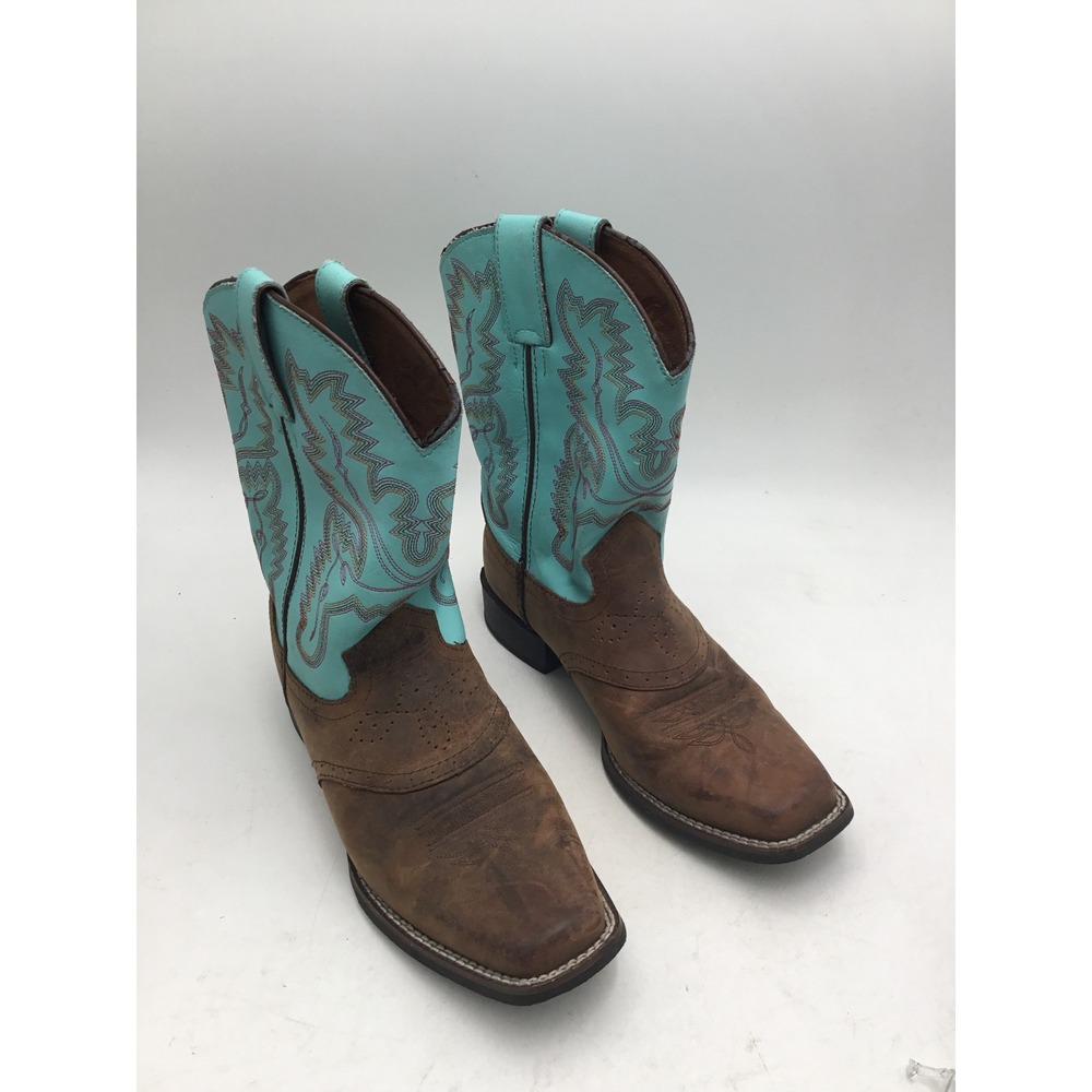Justin Kids Brown Leather Turquoise Shaft Western Cowboy Boots 4853Y Size 3D